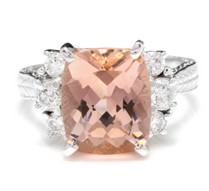 6.20 Carats Exquisite Natural Morganite and Diamond 14K Solid White Gold Ring