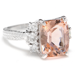 6.20 Carats Exquisite Natural Morganite and Diamond 14K Solid White Gold Ring