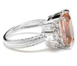 6.20 Carats Exquisite Natural Morganite and Diamond 14K Solid White Gold Ring