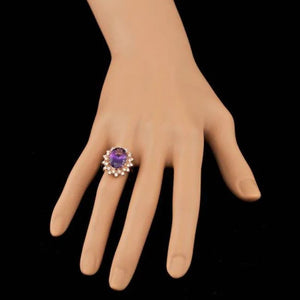 6.70 Carats Natural Amethyst and Diamond 14K Solid Rose Gold Ring