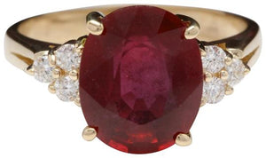 6.50 Carats Impressive Red Ruby and Diamond 14K Yellow Gold Ring