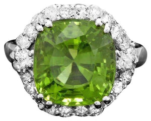 8.50 Carats Natural Peridot and Diamond 14K Solid White Gold Ring