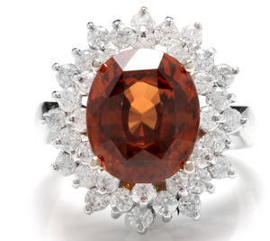 10.50 Carats Natural Very Nice Looking Orange Zircon and Diamond 14K Solid White Gold Ring