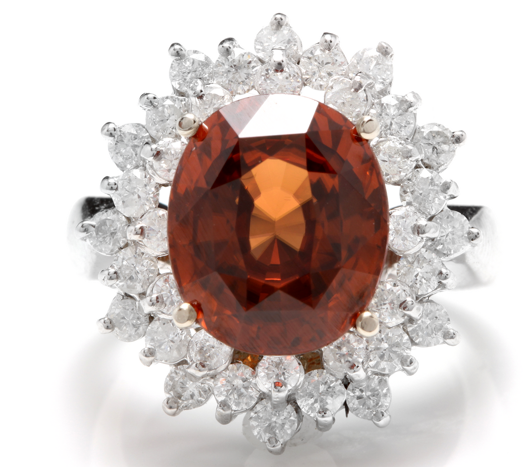 10.50 Carats Natural Very Nice Looking Orange Zircon and Diamond 14K Solid White Gold Ring