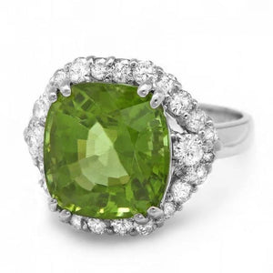 8.50 Carats Natural Peridot and Diamond 14K Solid White Gold Ring