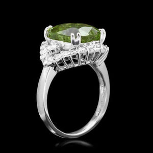 8.50 Carats Natural Peridot and Diamond 14K Solid White Gold Ring