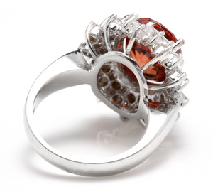 10.50 Carats Natural Very Nice Looking Orange Zircon and Diamond 14K Solid White Gold Ring