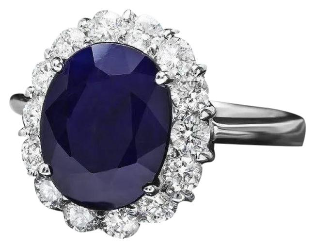 6.00 Carats Natural Blue Sapphire and Diamond 14K Solid White Gold Ring