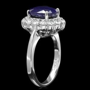 6.00 Carats Natural Blue Sapphire and Diamond 14K Solid White Gold Ring