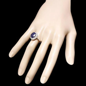 6.00 Carats Natural Blue Sapphire and Diamond 14K Solid White Gold Ring