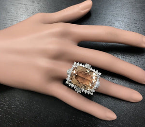 25.00 Carats Impressive Natural Morganite and Diamond 14K Solid White Gold Ring