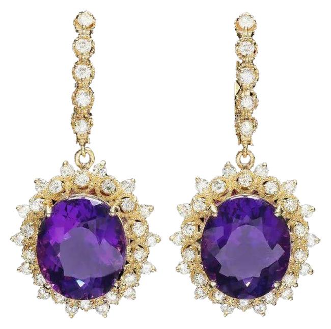 17.70ct Natural Amethyst and Diamond 14K Solid Yellow Gold Earrings