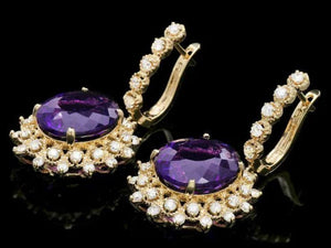 17.70ct Natural Amethyst and Diamond 14K Solid Yellow Gold Earrings