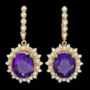 17.70ct Natural Amethyst and Diamond 14K Solid Yellow Gold Earrings