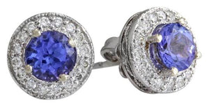 Exquisite 1.80 Carats Natural Tanzanite and Diamond 14K Solid White Gold Stud Earrings