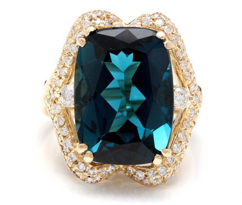 19.10 Carats Natural Impressive London Blue Topaz and Diamond 14K Yellow Gold Ring