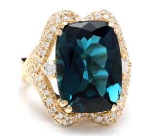 19.10 Carats Natural Impressive London Blue Topaz and Diamond 14K Yellow Gold Ring