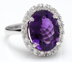 6.25 Carats Natural Amethyst and Diamond 14K Solid White Gold Ring