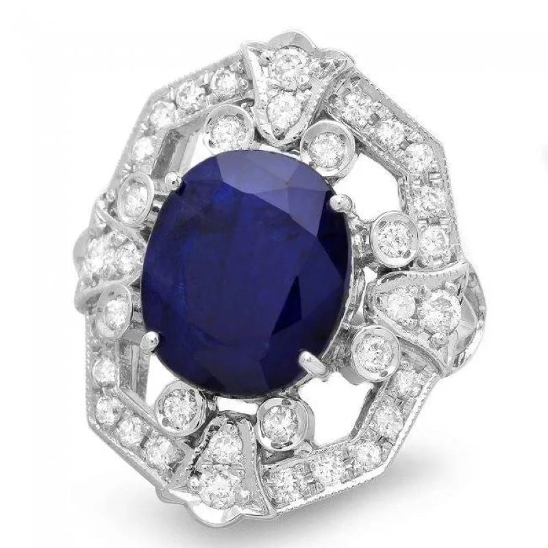 10.10 Carats Natural Blue Sapphire and Diamond 14K Solid White Gold Ring