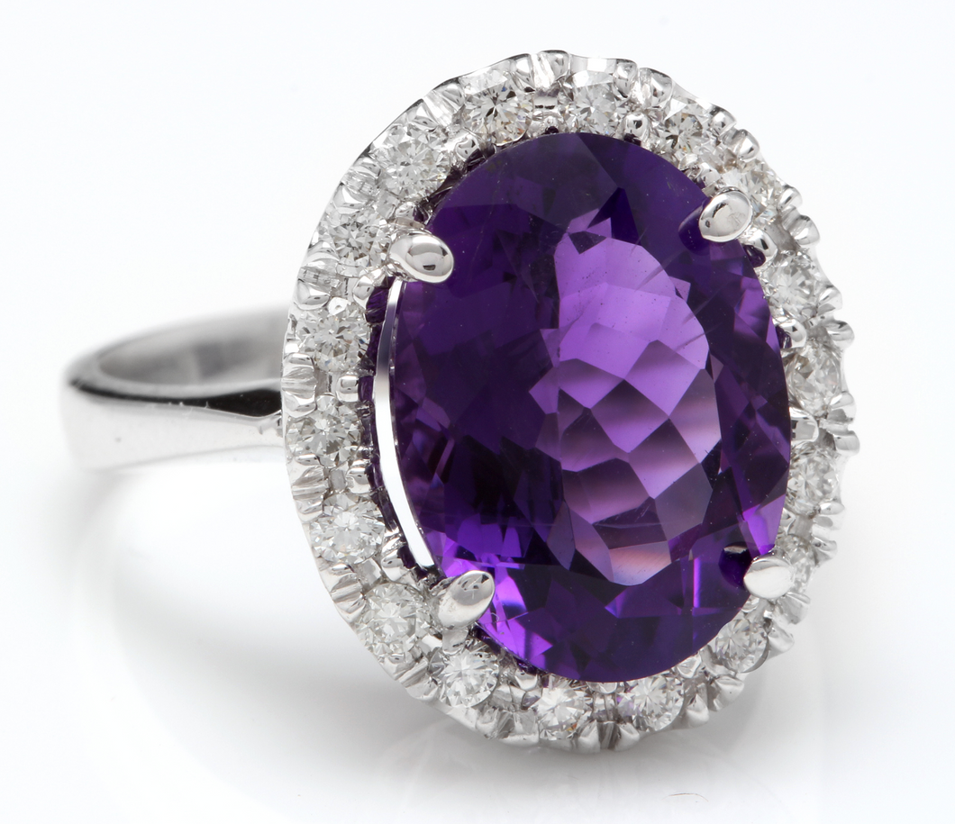 6.25 Carats Natural Amethyst and Diamond 14K Solid White Gold Ring
