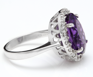 6.25 Carats Natural Amethyst and Diamond 14K Solid White Gold Ring