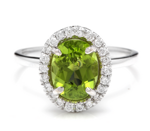 2.80 Carats Natural Very Nice Looking Peridot and Diamond 14K Solid White Gold Ring