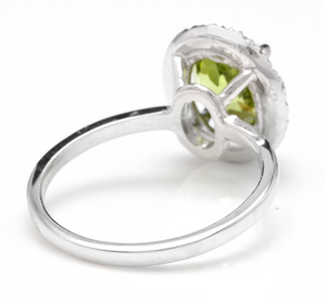 2.80 Carats Natural Very Nice Looking Peridot and Diamond 14K Solid White Gold Ring