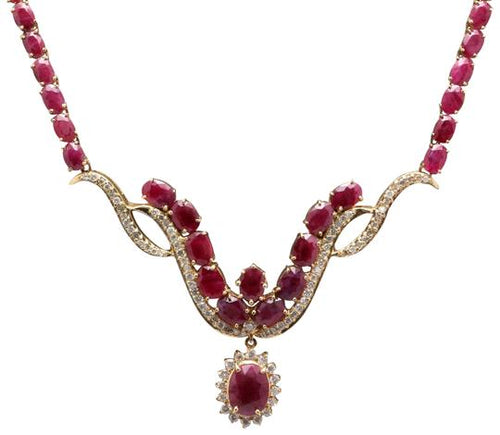 54.14Ct Natural Red Ruby and Diamond 14K Solid Yellow Gold Necklace
