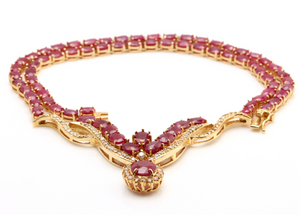 54.14Ct Natural Red Ruby and Diamond 14K Solid Yellow Gold Necklace