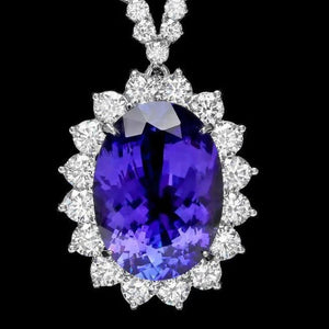 30.30Ct Natural Tanzanite and Diamond 18K Solid White Gold Necklace