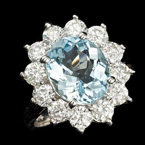 6.10 Carats Natural Aquamarine and Diamond 14k Solid White Gold Ring