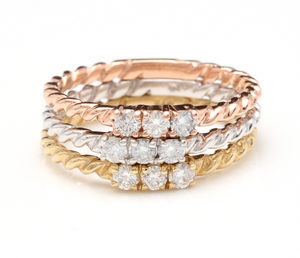 Splendid 0.45 Carats Natural Diamond Set of 3 Stackable 14K Solid Multi-Color Gold Rings