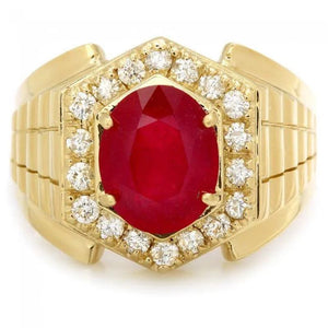 6.10 Carats Natural Red Ruby and Diamond 14K Solid Yellow Gold Men's Ring