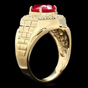 6.10 Carats Natural Red Ruby and Diamond 14K Solid Yellow Gold Men's Ring