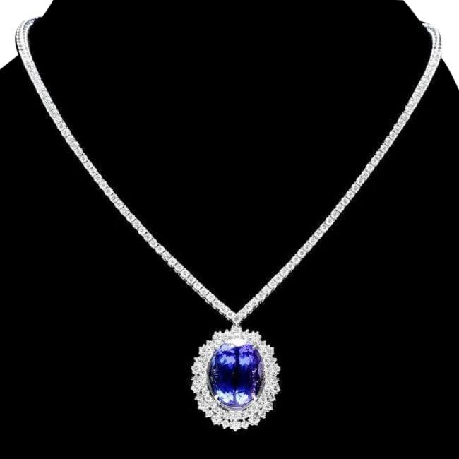 26.80Ct Natural Tanzanite and Diamond 18K Solid White Gold Necklace