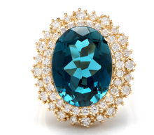 Load image into Gallery viewer, 13.40 Carats Natural Impressive London Blue Topaz and Diamond 14K Yellow Gold Ring