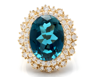 13.40 Carats Natural Impressive London Blue Topaz and Diamond 14K Yellow Gold Ring