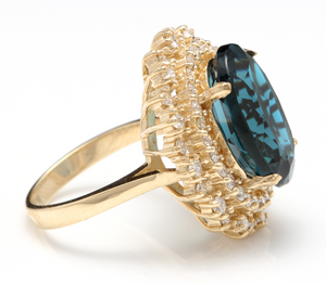 13.40 Carats Natural Impressive London Blue Topaz and Diamond 14K Yellow Gold Ring