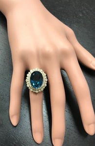 13.40 Carats Natural Impressive London Blue Topaz and Diamond 14K Yellow Gold Ring