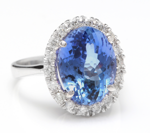7.70 Carats Natural Splendid Tanzanite and Diamond 14K Solid White Gold Ring