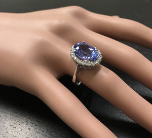 7.70 Carats Natural Splendid Tanzanite and Diamond 14K Solid White Gold Ring
