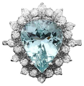 5.70 Carats Natural Aquamarine and Diamond 14K Solid White Gold Ring