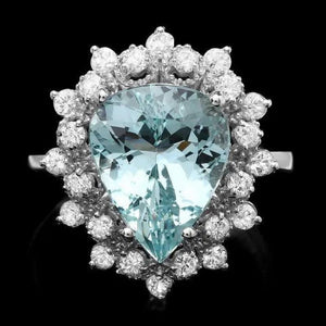 5.70 Carats Natural Aquamarine and Diamond 14K Solid White Gold Ring