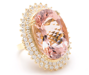36.25 Carats Exquisite Natural Morganite and Diamond 14K Solid Yellow Gold Ring