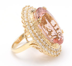 36.25 Carats Exquisite Natural Morganite and Diamond 14K Solid Yellow Gold Ring