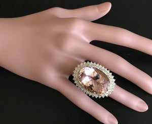 36.25 Carats Exquisite Natural Morganite and Diamond 14K Solid Yellow Gold Ring