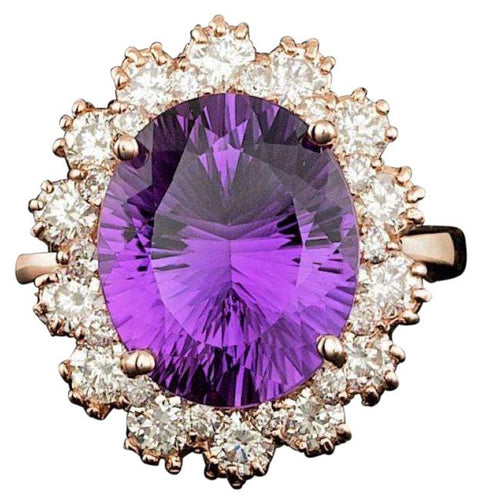6.80 Carats Natural Amethyst and Diamond 14k Solid Rose Gold Ring