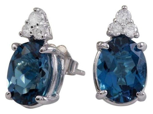 Exquisite 4.60 Carats London Blue Topaz and Diamond 14K Solid White Gold Stud Earrings