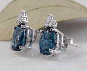 Exquisite 4.60 Carats London Blue Topaz and Diamond 14K Solid White Gold Stud Earrings