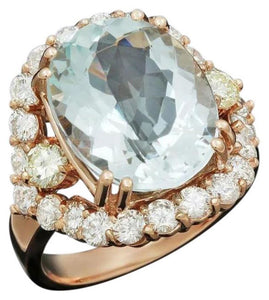 9.80 Carats Natural Aquamarine and Diamond 14K Solid Rose Gold Ring